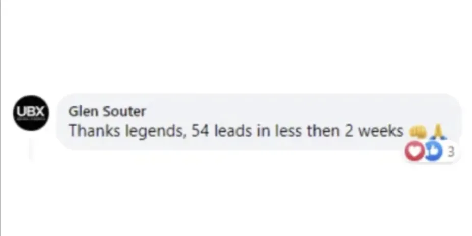 Client message reporting 54 leads in under two weeks