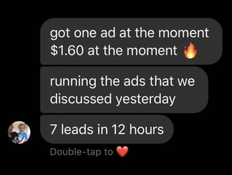 Client message reporting seven leads in twelve hours